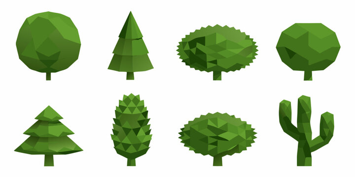Collection of low poly green trees and a cactus illustration
