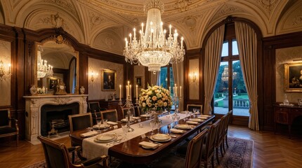 Obraz premium Long dining table set with candles in grand formal room