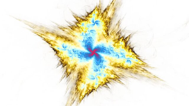 Shining colorful squarish illumination revolving in center. Whirling with sparkling element on white. Abstract foursquare combination emanating filaments in different direction. 4K UHD 4096x2304