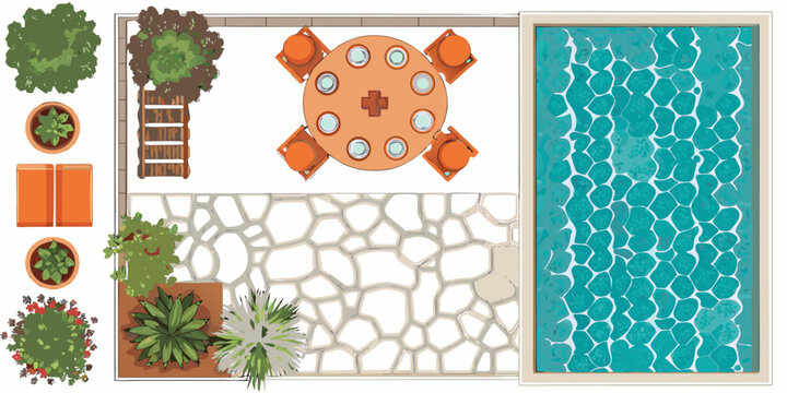 Aerial view of a backyard with a pool dining area and landscaping