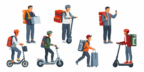 Fototapeta premium Diverse delivery workers using scooters and carrying packages in a city