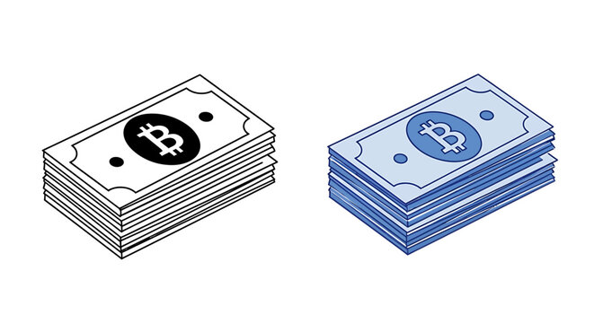 Stacks of bitcoin banknotes in black and blue color isolated on white background
