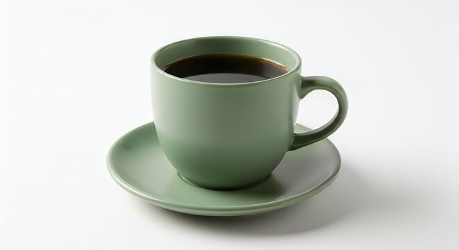 A simple ceramic green cup filled with hot black coffee on white background