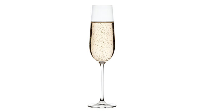 A single elegant glass of sparkling champagne filled with bubbles on white background
