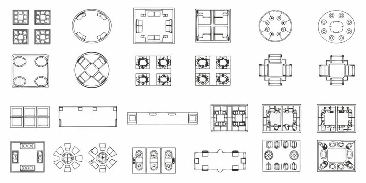 Architectural plans depicting various furniture arrangements and room layouts