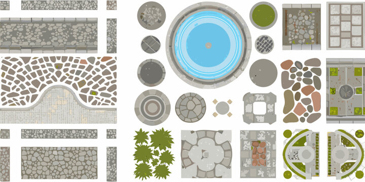 Aerial view of various garden and landscape design elements arranged neatly