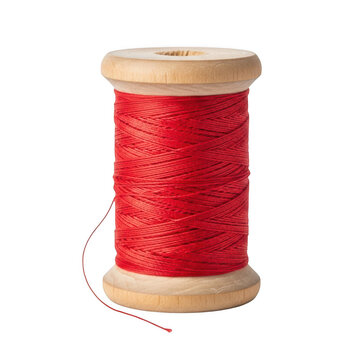 Bright red embroidery thread wound on a vintage wooden spool, isolated on transparent background