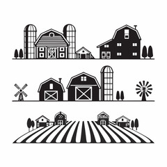 Black and white illustration of a rural landscape with barns and fields © MituRani