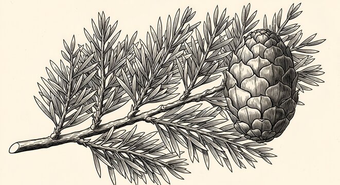 pine cone pinecone pine branch evergreen conifer tree branch needle leaves woody plant botany illustration black white drawing cone foliage twig plant nature organic botanical