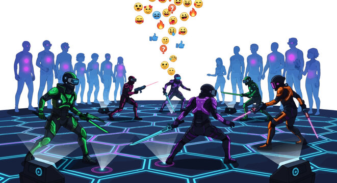 neon lit human figures dancing on glowing floor with crowd