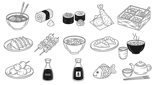 sushi sashimi ramen dumplings tempura miso soup green tea udon noodles soba noodles bento box onigiri yakitori teriyaki sushi rolls nigiri sashimi plate ramen bowl dumpling plate