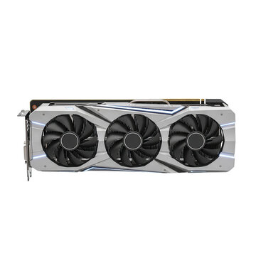 High-performance graphics card with three fans and silver-black design isolated on transparent background