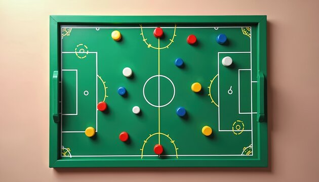 Soccer strategy board with colorful magnets shows game plan. Coach uses board for tactics training and team formations. Planning football match plays. Copy space for text.