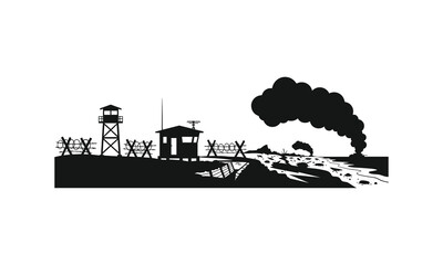 Obraz premium War zone landscape vector silhouette illustration with guard tower and smoke from explosion