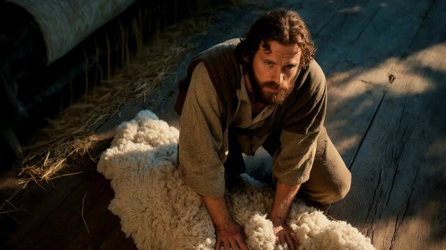 Gideon examining the wool fleece on a wooden floor. Biblical scene of the sign of the fleece from the Book of Judges. Old Testament hero