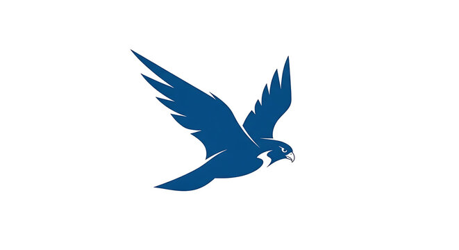 A stylized blue bird in mid-flight with outstretched wings and tail feathers