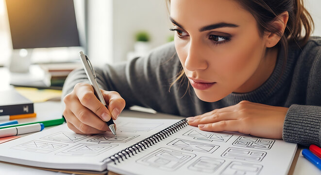 Young woman sketching website wireframes in a notebook at her desk
