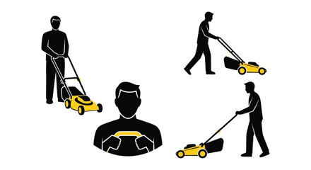 Men mowing lawns with yellow mowers a striking black silhouette © Mdsagor02