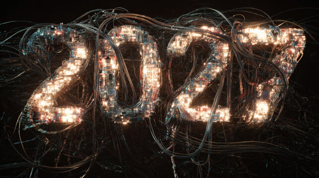 "2027" formed with wires and cables glowing with electricity