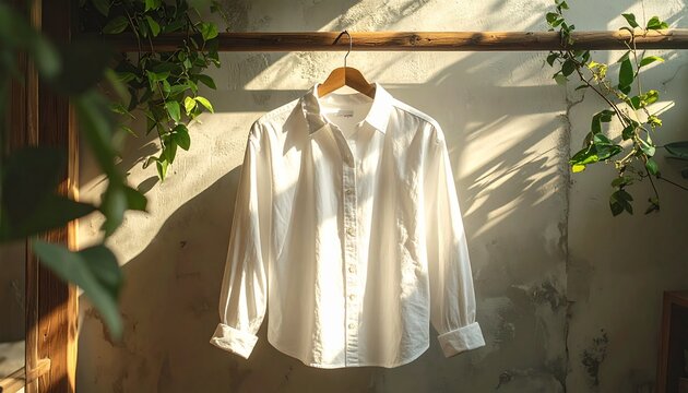 White Shirt Hanging on Wooden Hanger Outdoors.