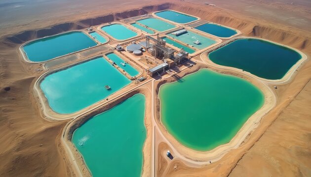 Aerial view of turquoise evaporation ponds at industrial salt or lithium extraction site in arid desert landscape. Water mineral processing facility with complex engineering and infrastructure.