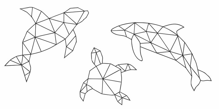 Geometric marine life a dolphin turtle and fish in polygonal design