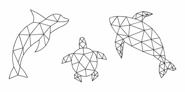 Geometric marine life a dolphin turtle and whale rendered in line art