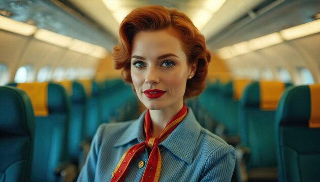 Elegant retro flight attendant with red hair and lipstick smiles in airplane cabin. Blue uniform and scarf complete her classic 1960s airline style. She is seated inside aircraft looking at camera.