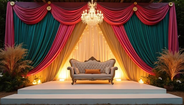 Ornate stage features plush sofa with draped fabric backdrop. Festive lights adorn this elegant setup for cultural celebration or wedding event.