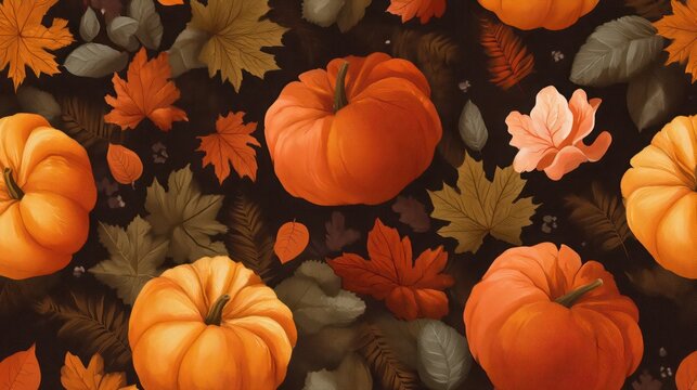 Autumnal pumpkins and leaves seamless pattern festive seasonal design