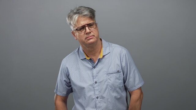 Middle aged man with glasses tilts head and squints, hands on hips in a studio; pensive quiet reflection.