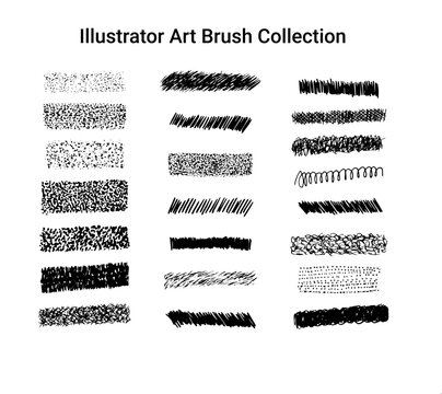 Set of fifteen black digital brush strokes with varied textures including stippled, scribbled and solid styles