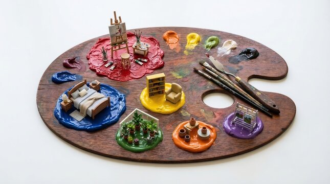 A wooden artist palette with paint blobs holds tiny scenes: easel on red, bed on blue, bookshelf and chair on yellow, greenhouse on green, photo stand on purple, with brushes and knife.