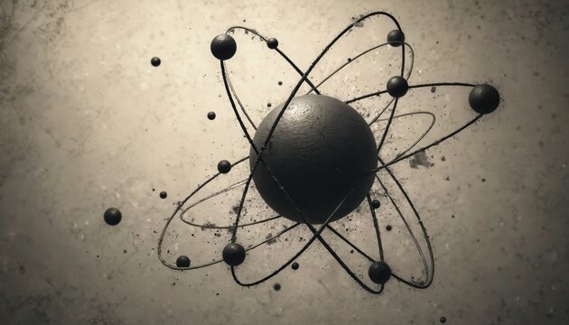 Abstract atomic model with orbiting electrons, symbolizing subatomic particles and energy. Scientific concept art shows nucleus and electron paths. Futuristic design.