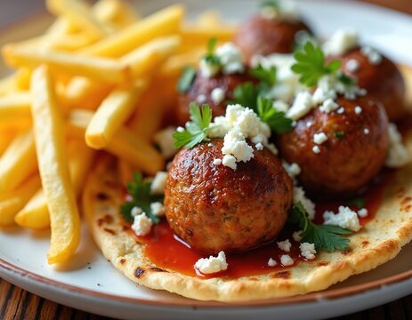 Greek meatballs with feta and parsley are on flatbread with french fries. Juicy bifteki served with crispy potatoes in studio lighting. Appetizing meal on plate, traditional mediterranean cuisine.