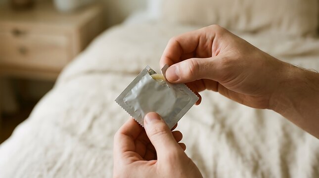 Closeup of a persons hands carefully opening a silver foil packet containing a condom for safe sex practice