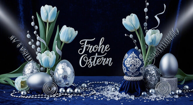 A festive Easter arrangement with blue tulips, silver eggs, and pearls on a dark blue background with the German phrase Frohe Ostern