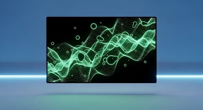 Computer scren displaying a futuristic green digital wave animation made of floating data particles and glowing spheres on a clean blue background studio