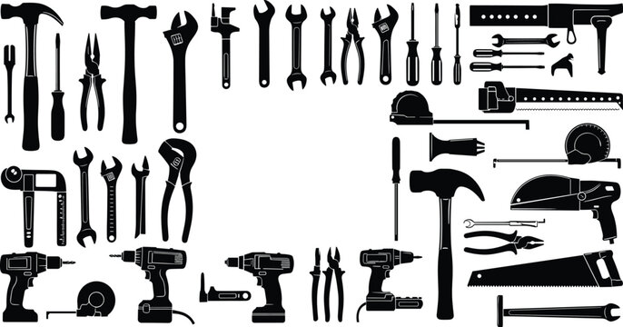 Hand Tools Collection Set with Hammers Wrenches Screwdrivers Pliers Saws and Power Tools Silhouette Vector Illustration Isolated on White Background