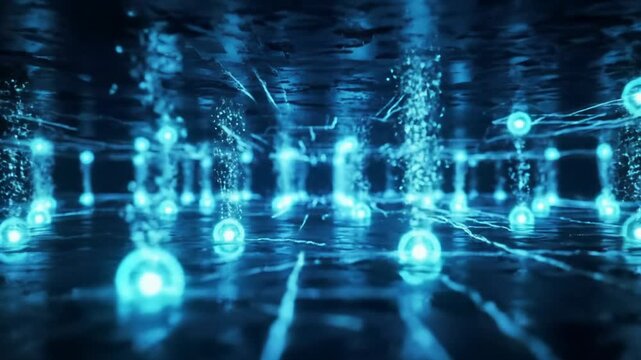 Seamless slow-motion tracking video through an abstract digital network with vibrant electric blue data streams & pulsating cyan nodes on a reflective floor, concept of global digital innovation.
