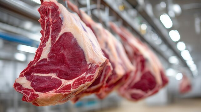 Fresh beef carcass sections, marbled and bone in, hang suspended in a bright, clean industrial facility under fluorescent lights.