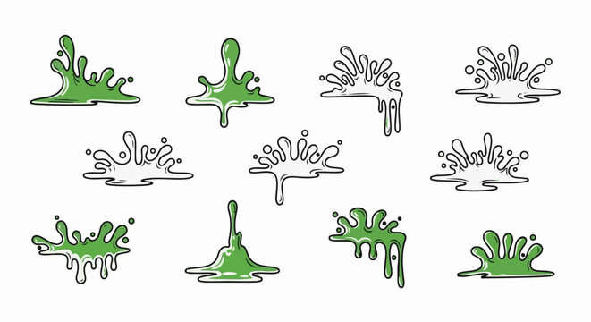 Collection of cartoon-style green liquid splashes and splatters