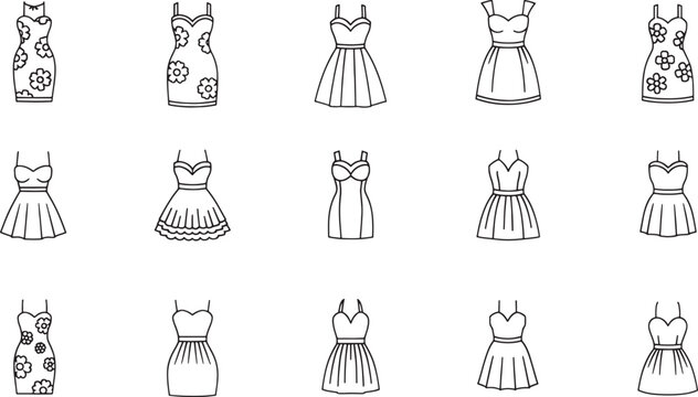 Set of sixteen black and white of dresses and skirts with floral patterns fashion