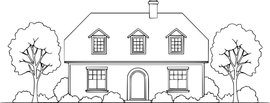 Detailed black and white line of a classic house with dormer windows and surrounding trees