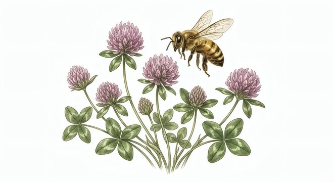 Honey bee with clover flowers botanical watercolor clipart isolated on white background