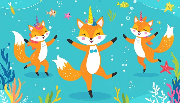 Whimsical Underwater Adventure - Three Fox Unicorns Dancing in the Sea.