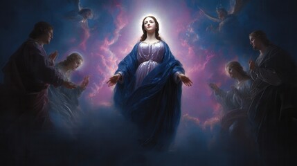 Fototapeta premium Radiant Virgin Mary in blue robe floats amid clouds, angels pray around her, under dramatic purple/blue light. Divine, ethereal, misty scene.