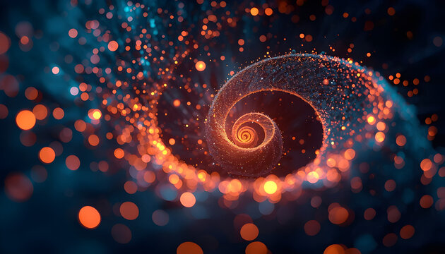 A vibrant digital spiral made of points of light, in shades of blue and orange, creating a sense of movement