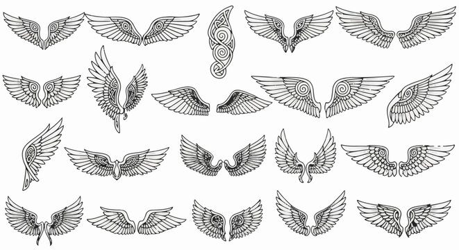 Collection of hand-drawn angelic and decorative wing illustrations