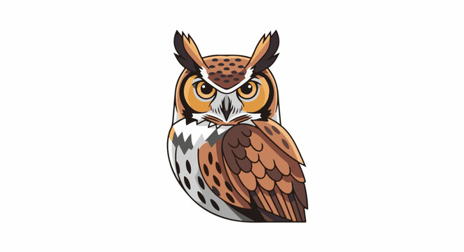 Cartoon-style great horned owl with prominent ear tufts and striking orange eyes